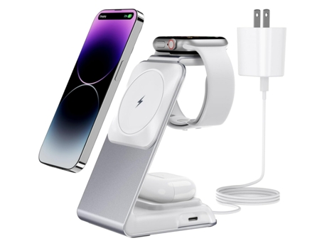 Estación de carga inalámbrica para dispositivos Apple, soporte de cargador MagSafe 4 en 1 para iPhone 15/14/13/12/Pro/Pro Max/Mini, para Apple Watc...