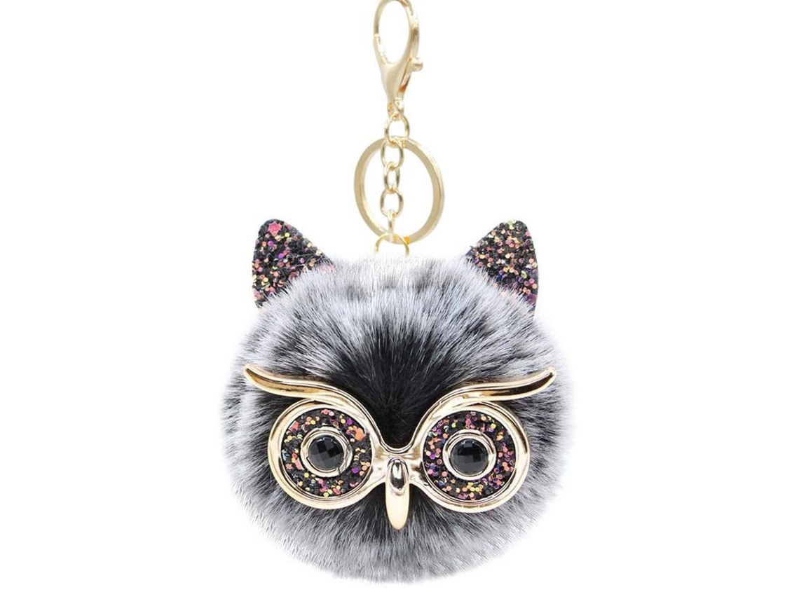 Llavero Con Pompón De Piel Sintética En Forma De Búho Para Bolso/joyería (negro Mezclado)