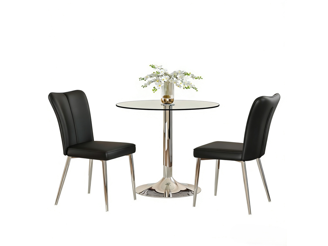 Juego de mesa de comedor de 85 cm - Cristal de seguridad, 2 sillas de PU - Negro Plata