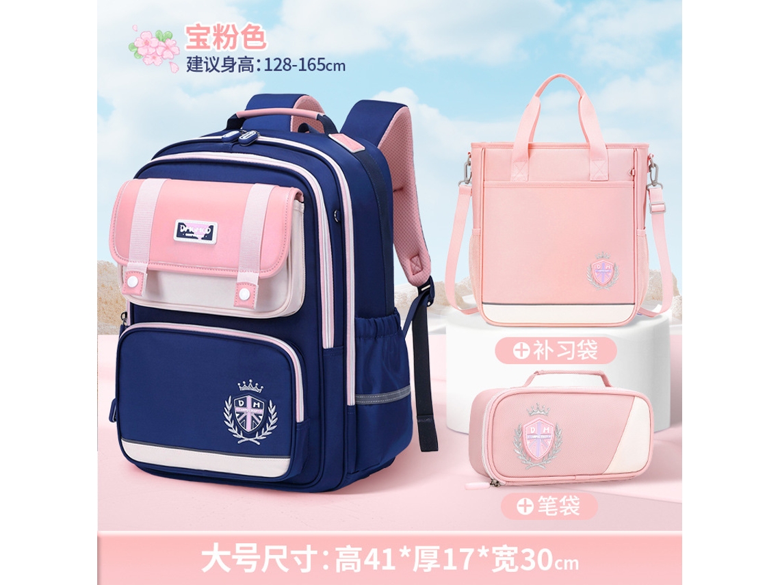Nueva mochila infantil 2026: ligera, de gran capacidad, ideal para estudiantes. Conjunto grande de tres piezas en azul rey y rosa.