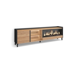 Mueble para TV, 212x35x61cm, para televisores de hasta 80'', chimenea eléctrica XXL, diseño industrial, LED, roble y negro.