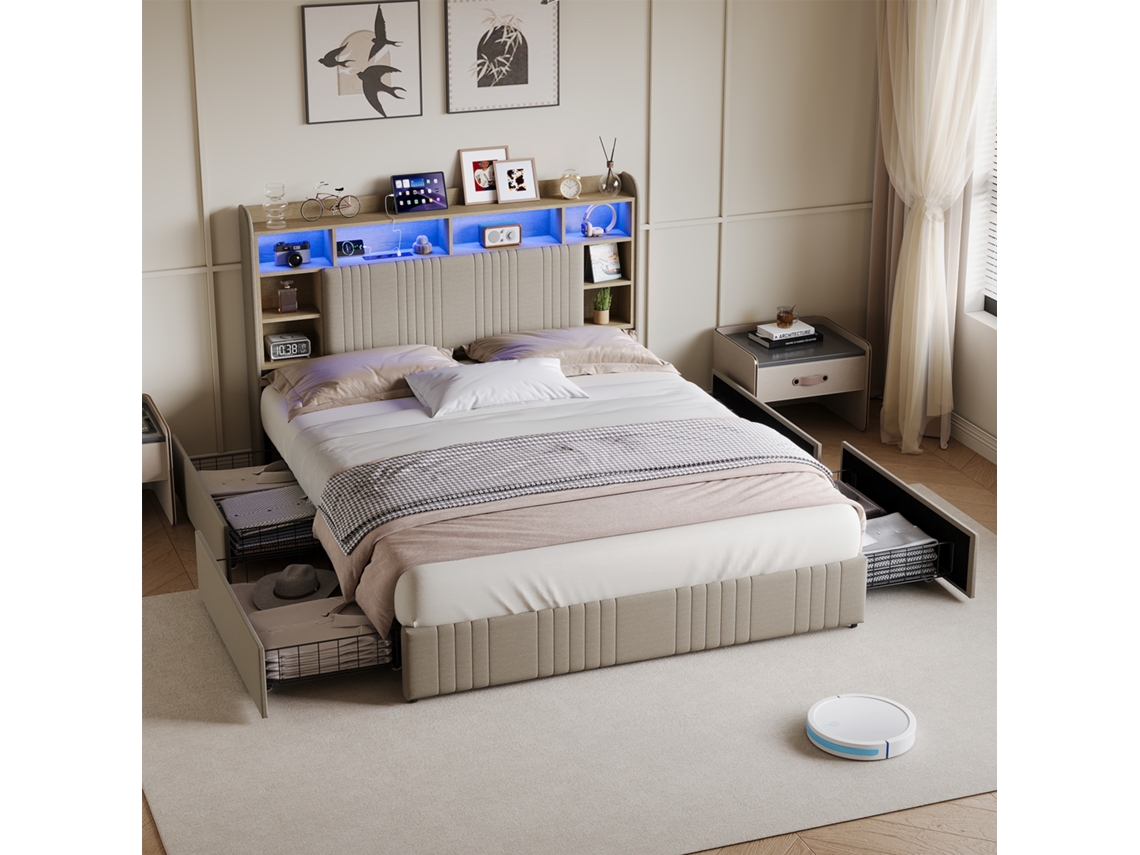Cama De Matrimonio 140x200cm, Con 4 Cajones, Tapizada Con Led Y Usb, Cabecero Con Espacio De Almacenaje, Cama Funcional, Lino, Beige