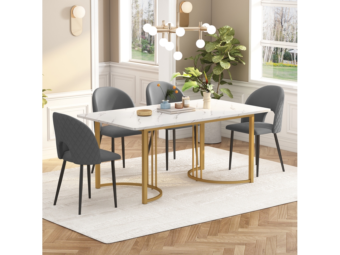 Conjunto Mesa Y Sillas 140×80 Cm - Mesa Comedor Moderna, Sillas De Terciopelo, Patas Doradas - Gris