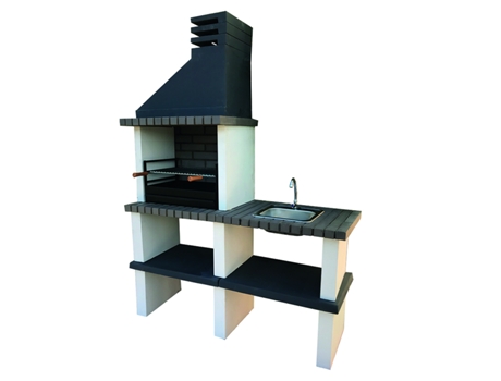 BBQ PARTNER - Barbacoa con fregadero, de ladrillo gris y hormigón, hormigón pintado de blanco y negro - 150x57x209cm NESH