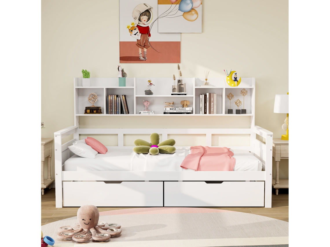 Sofá Cama 90x200 cm con 2 Cajones y Estantes en Madera Maciza Estilo Blanco