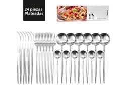 Juego de cubiertos de acero inoxidable de 24 piezas que incluye cuchillo, cuchara y tenedor. Cubiertos de plata estilo occidental. Mdug (plata)