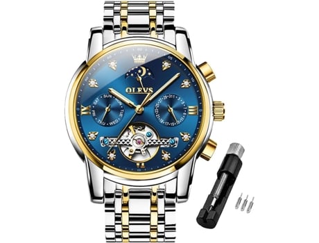 VEANXIN Reloj mecánico automático de acero inoxidable para hombre(Plata Oro-Azul)