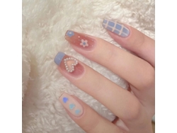 Uñas Postizas Acrílicas Largas, Estilo Bailarina Con Dije De Corazón Azul Y Rosa.