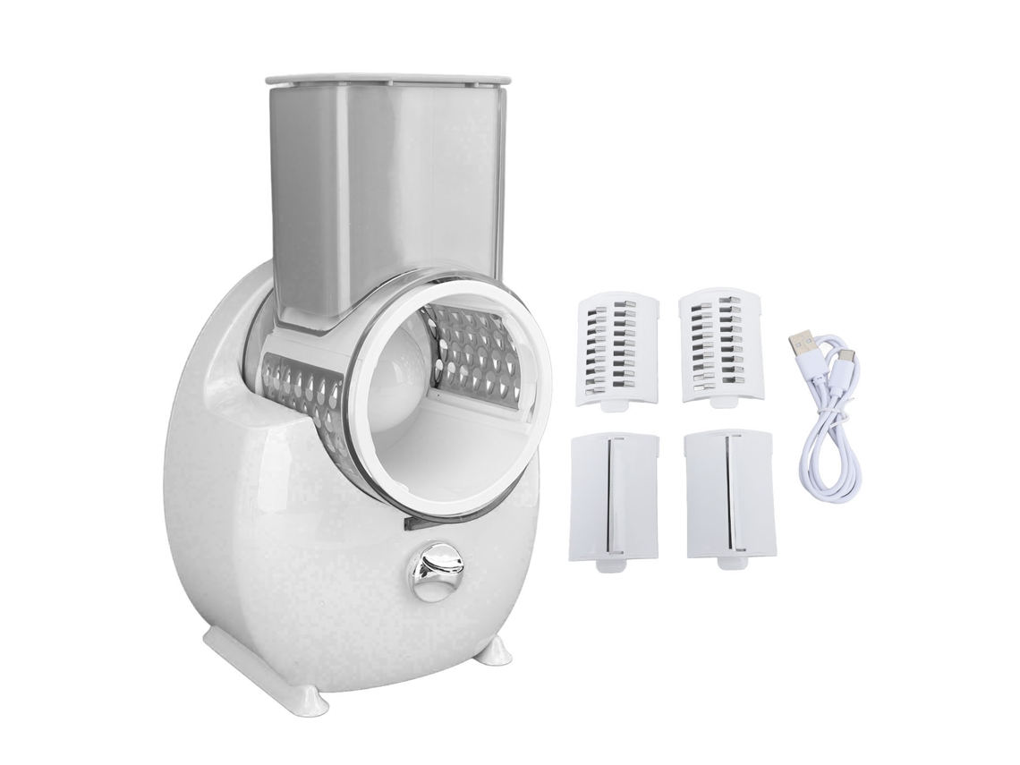 Rallador de verduras y queso eléctrico, automático e inalámbrico para cocina, color blanco.