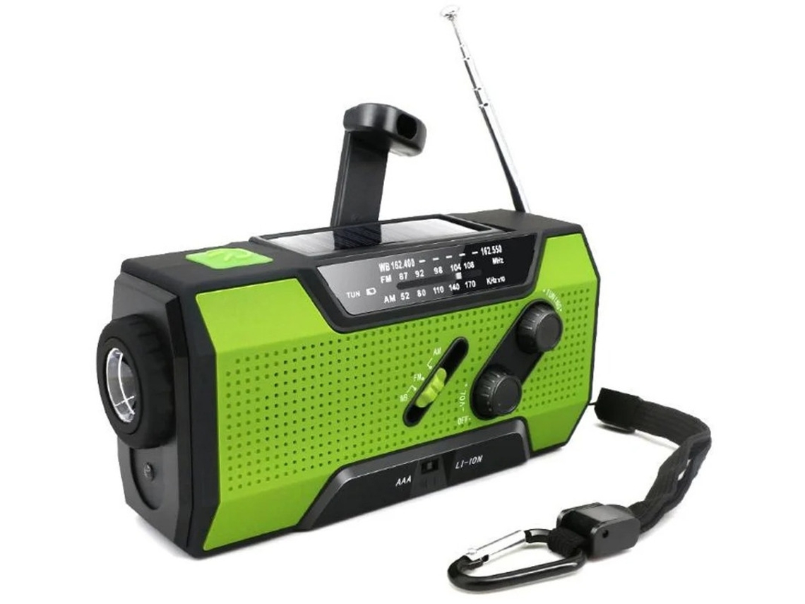 Radio FM solar de emergencia Yizhood de 2000 mAh con manivela y luz LED (verde)