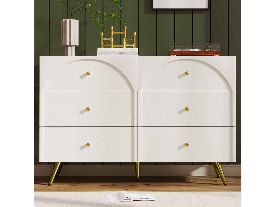 Cómoda Con 6 Cajones, Aparador/altillo Blanco Para Dormitorios Y Todas Las Zonas De Estar, Blanco Crema - Al 85/an 120/pr 40 Cm