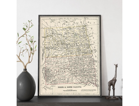 NACNIC Pósters Geográficos En Vintage Mapa De Dakota Sur Y Norte Ilustraciones De Antiguos Mapamundis En Tonos Sepia Tamaño A3 Con Marco Color Made...