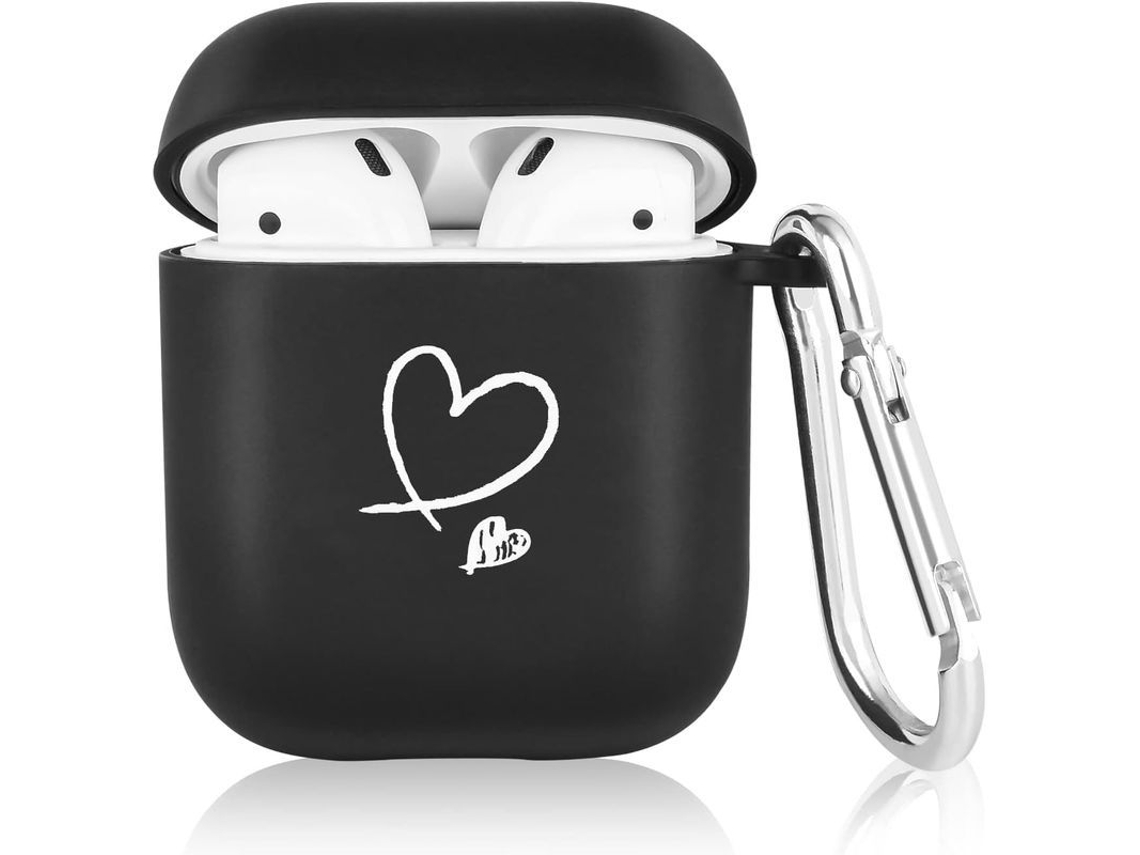 Bonita Funda De Silicona Con Corazones Para Airpods 1 Y 2, Negra, Protección Completa Y Práctica.