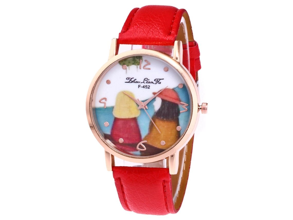 Reloj De Pulsera Para Parejas Zhoulianfa, Correa De Cuero Sintético, Estilo Moderno Con Estampado De Dibujos Animados En Rojo.