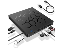 Reproductor de CD/DVD externo - Grabadora de CD/DVD (sin necesidad de controladores), interfaz USB 3.0, con 4 puertos USB y 2 ranuras para TF/SD, color negro. Hexinyigjly
