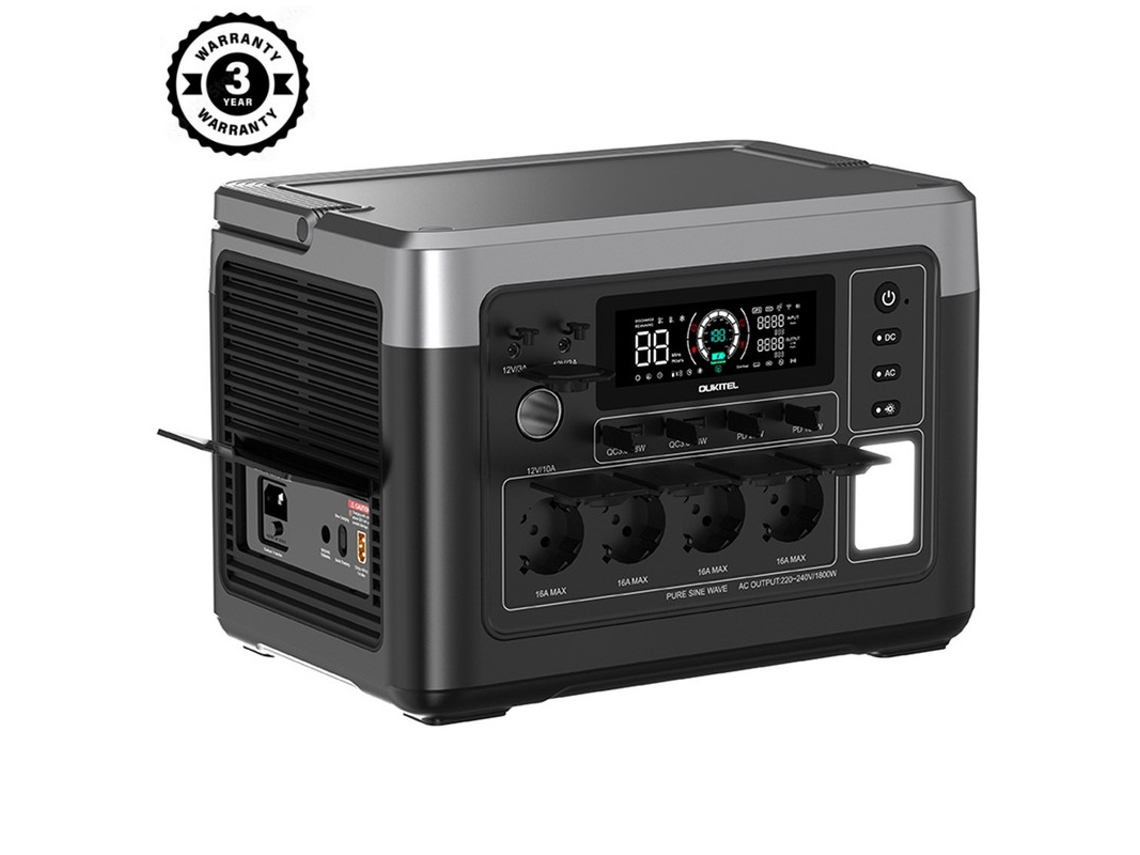 Estación de energía portátil Oukitel P1500 Plus, generador para exteriores de 1800 W y 1536 Wh, batería Lifepo4 de 4000 ciclos, control por aplicación.