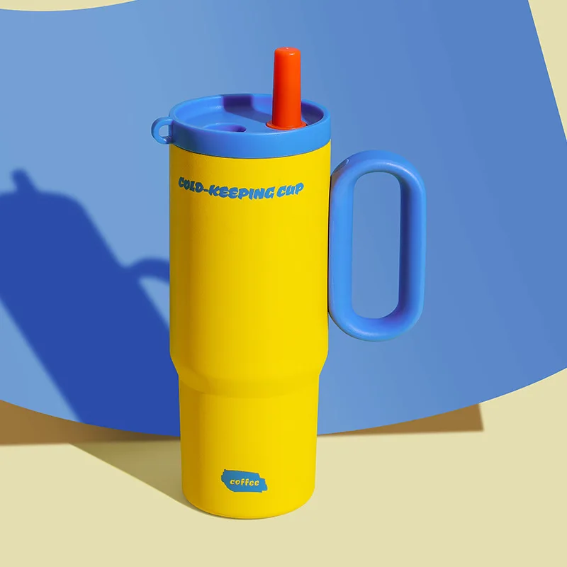 Taza térmica de acero inoxidable (azul y amarillo, 720 ml), gran capacidad.