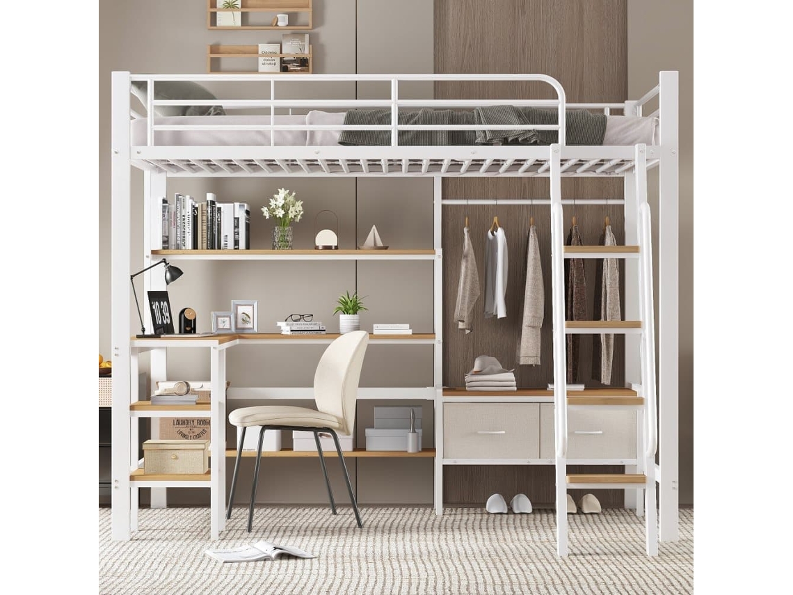 Cama Loft 90x200cm - Incluye 2 Cajas De Almacenamiento, Escritorio, Estante, Escalera Inclinada - Blanco+natural
