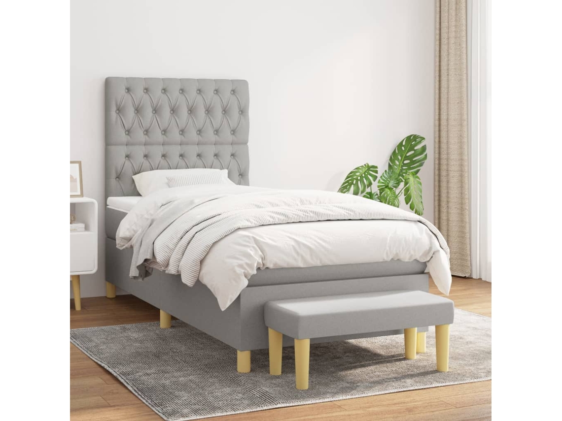 Cama Box Spring Con Colchón Tela Gris Claro 100x200 Cm