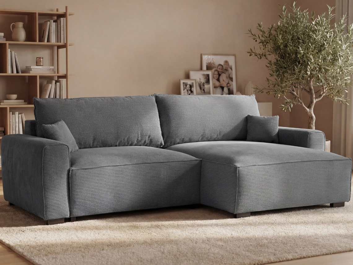 Sofá Cama de 3 plazas BUDWING Lauren Gris + Chaise Longue con Almacenamiento Integrado (269 x 158 x 96 cm - Reversible Lado Derecho/Izquierdo)