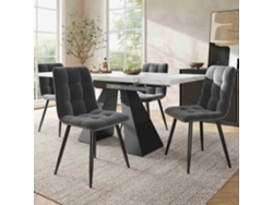 Conjunto de mesa de comedor extensible de 160x80 cm para 4 personas, sillas en terciopelo gris, mesa blanca con patas en estilo columnas.