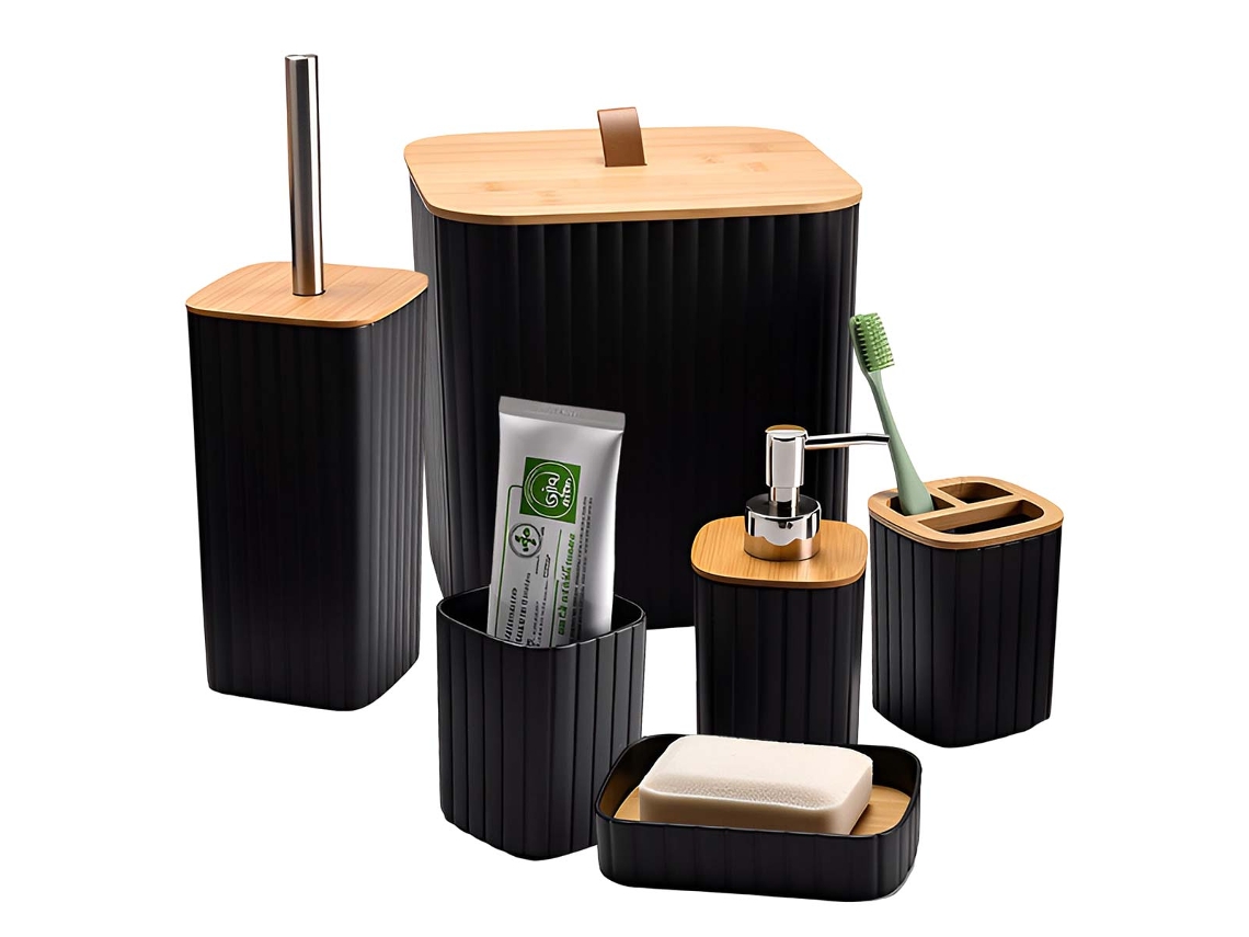 Juego de accesorios de baño Avizar de 6 piezas, dispensador de jabón negro y cubo de basura