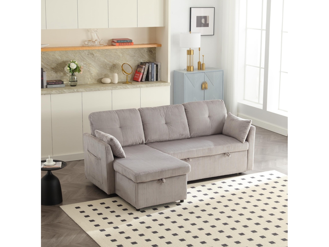 Sofá cama esquinero reversible en forma de L Nina con almacenamiento, terciopelo acanalado, bolsillos laterales, 5 cojines, para sala de estar, gris claro.