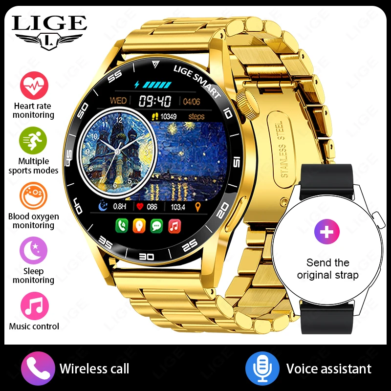 (oro, Correa De Acero) Smartwatch, Ip68 Resistente Al Agua, Monitor De Frecuencia Cardíaca, Llamadas Bluetooth, Asistente De Voz