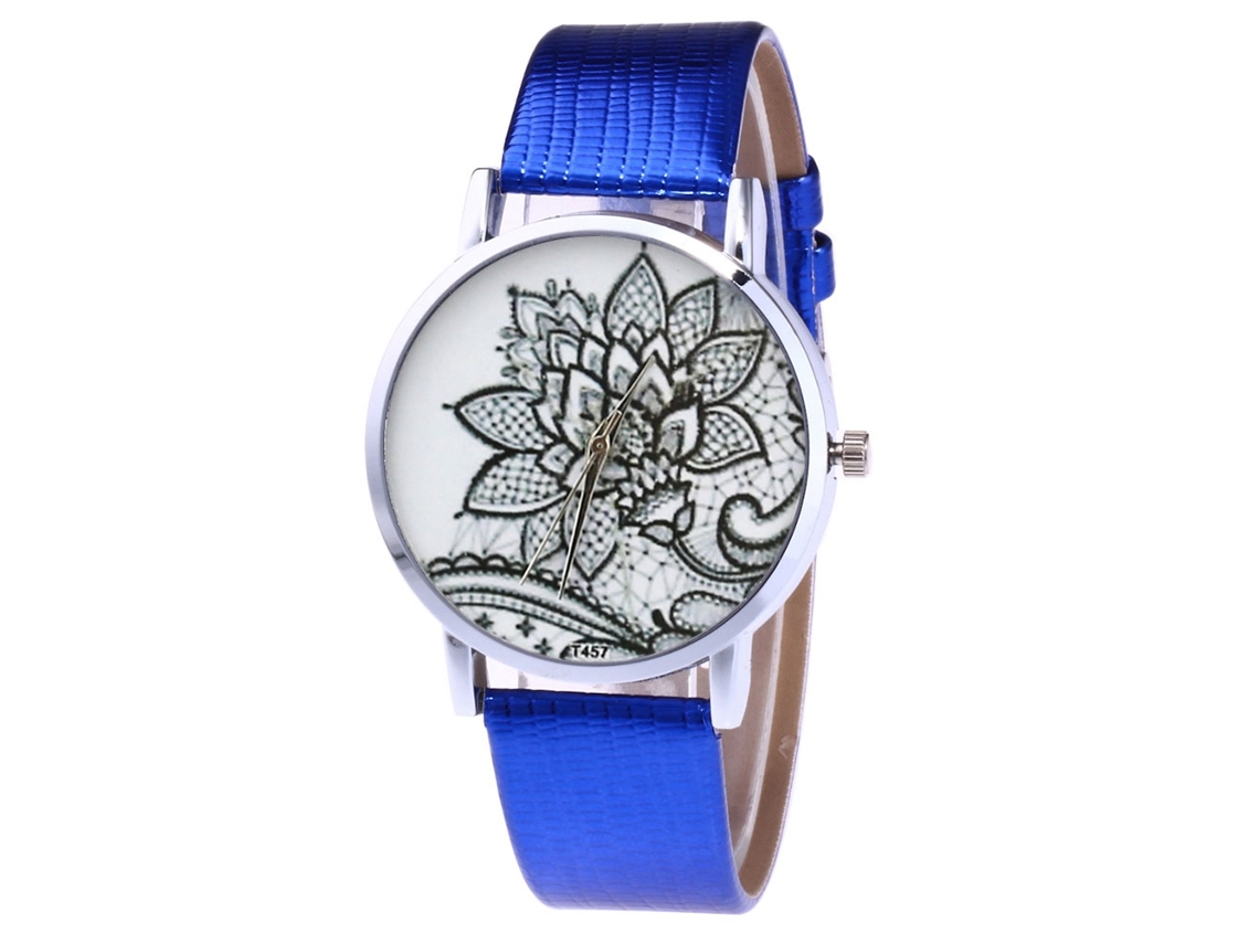 Reloj De Cuero Pu Para Hombre Y Mujer Con Patrón Floral De Quartz Azul Zhoulianfa