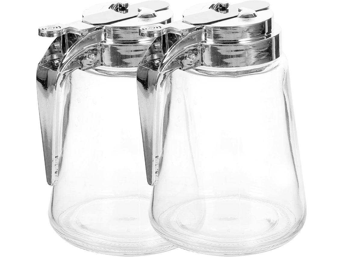 Juego de 2 piezas en vidrio transparente: dispensador de jarabe, azucarero y cremera para condimentos. CHABERLU