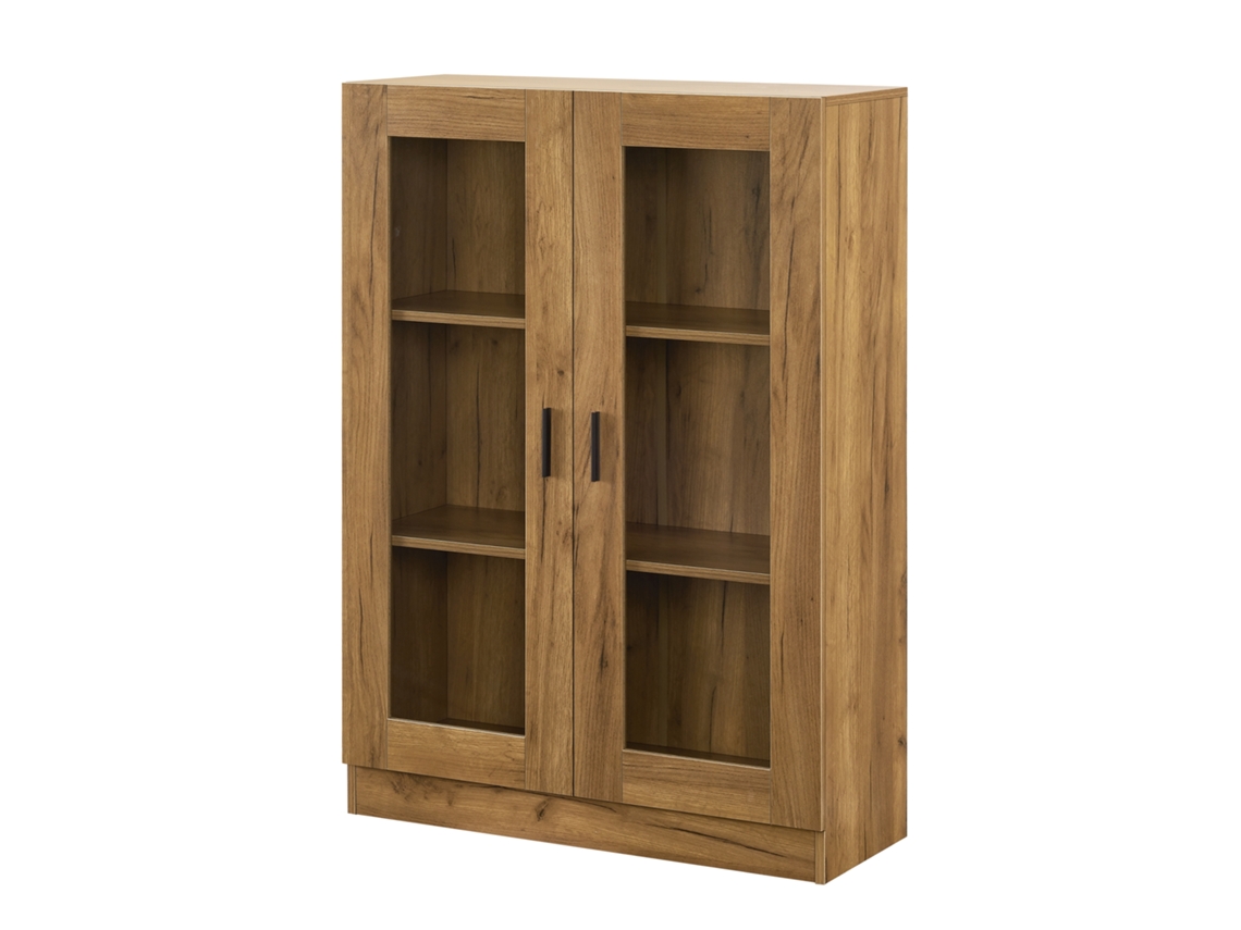 Vitrina Sorø con 2 puertas 3 compartimentos cristal y aglomerado 115 x 80 x 31 cm - Efecto roble [EN.CASA]