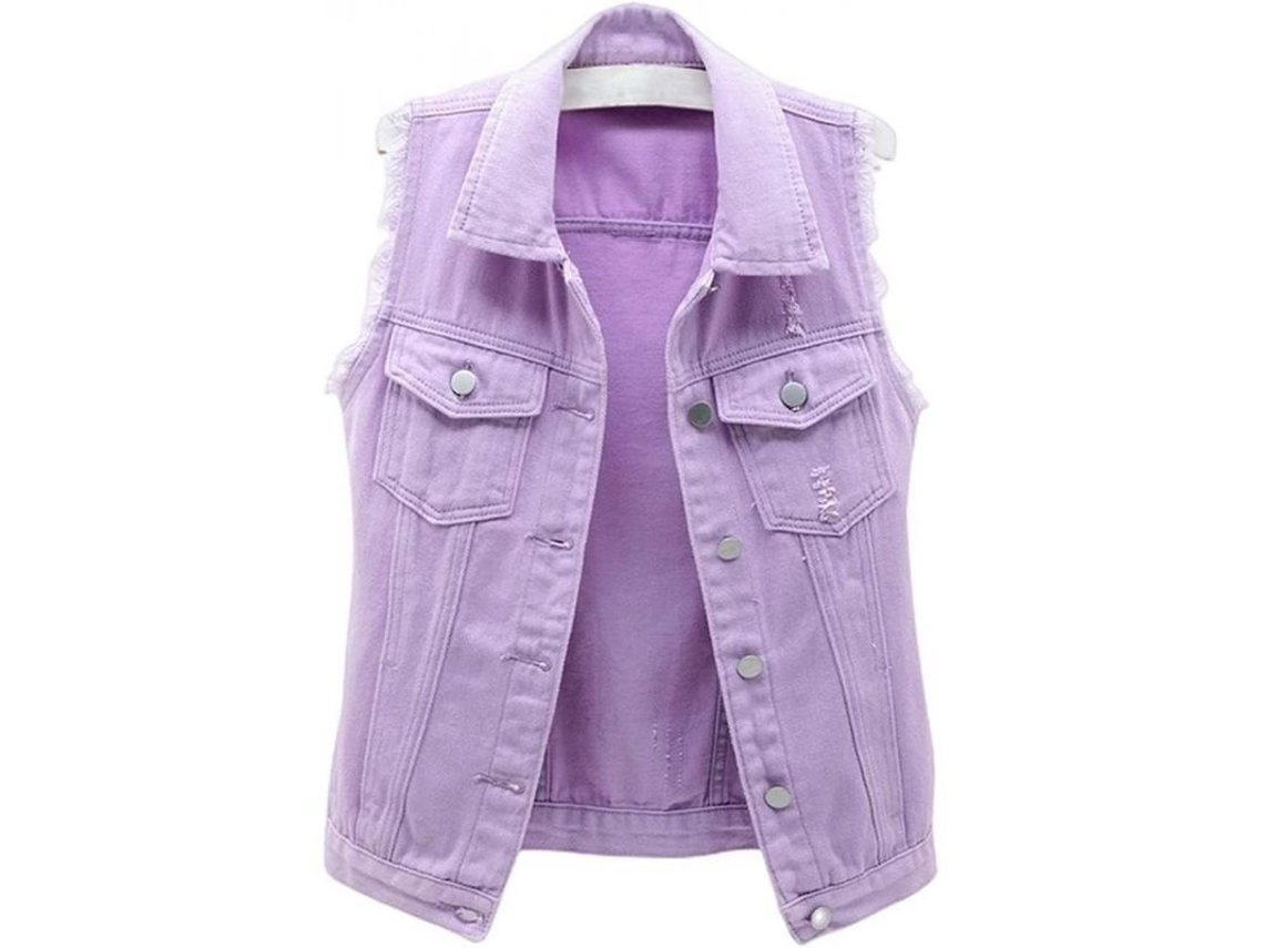 Colete curto feminino sem mangas em jeans com botões e bolsos, modelo 2026, casual para primavera, verão e outono, tamanho PP (X-Small), roxo.