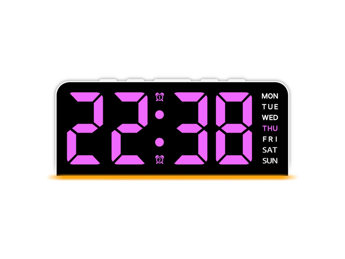 Nuevo reloj digital LED grande con luz ambiental, fecha, función de repetición, 2 alarmas y retroiluminación, blanco y rosa. Sfushos