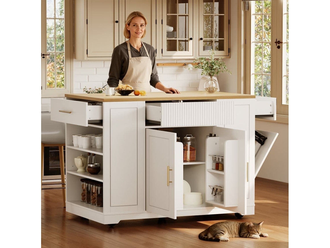 Isla De Cocina Con Ruedas 120x50x92 Cm - Con Compartimento Para Basura, 2 Puertas Y 3 Cajones - Blanco