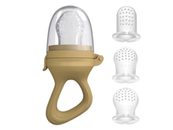Biberón de silicona con suplemento alimenticio y tetina para frutas y verduras. Bolsa de malla marrón. Tallas M+ y SML.