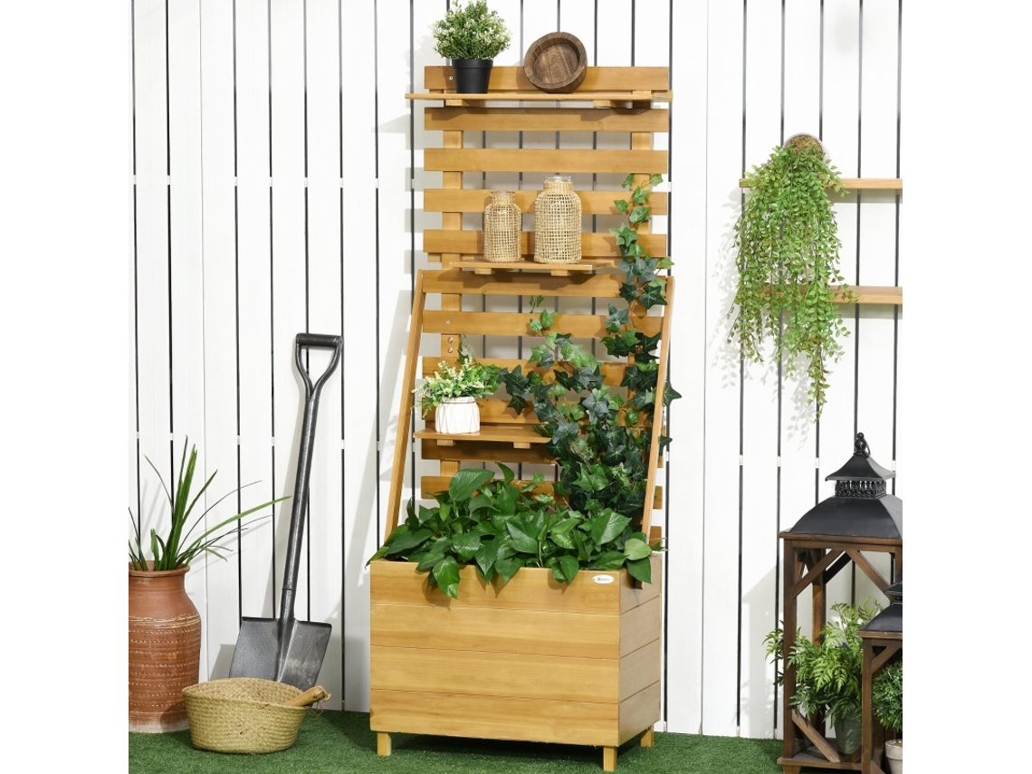 Jardinera elevada con enrejado y 3 estantes, de madera para plantas trepadoras, marrón, 63 x 39 x 160 cm