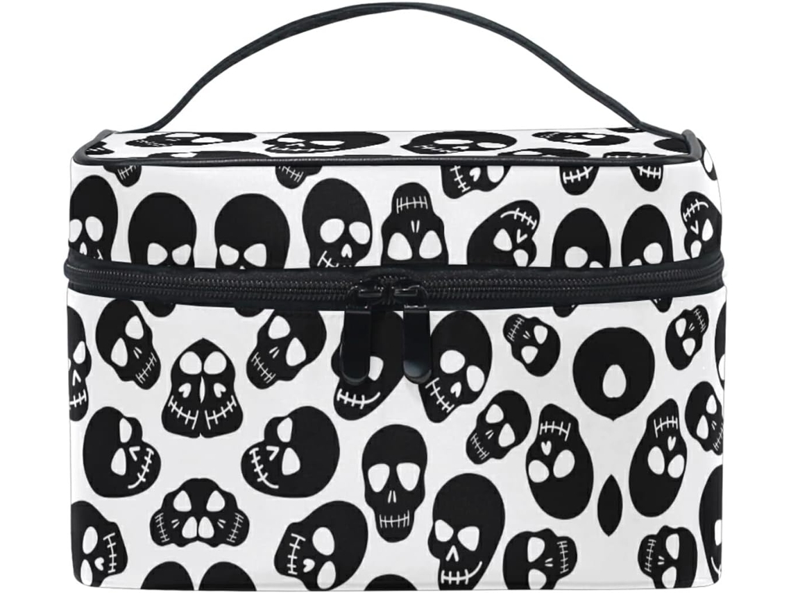 Bonito neceser blanco y negro con estampado de calaveras, de tela de viaje.
