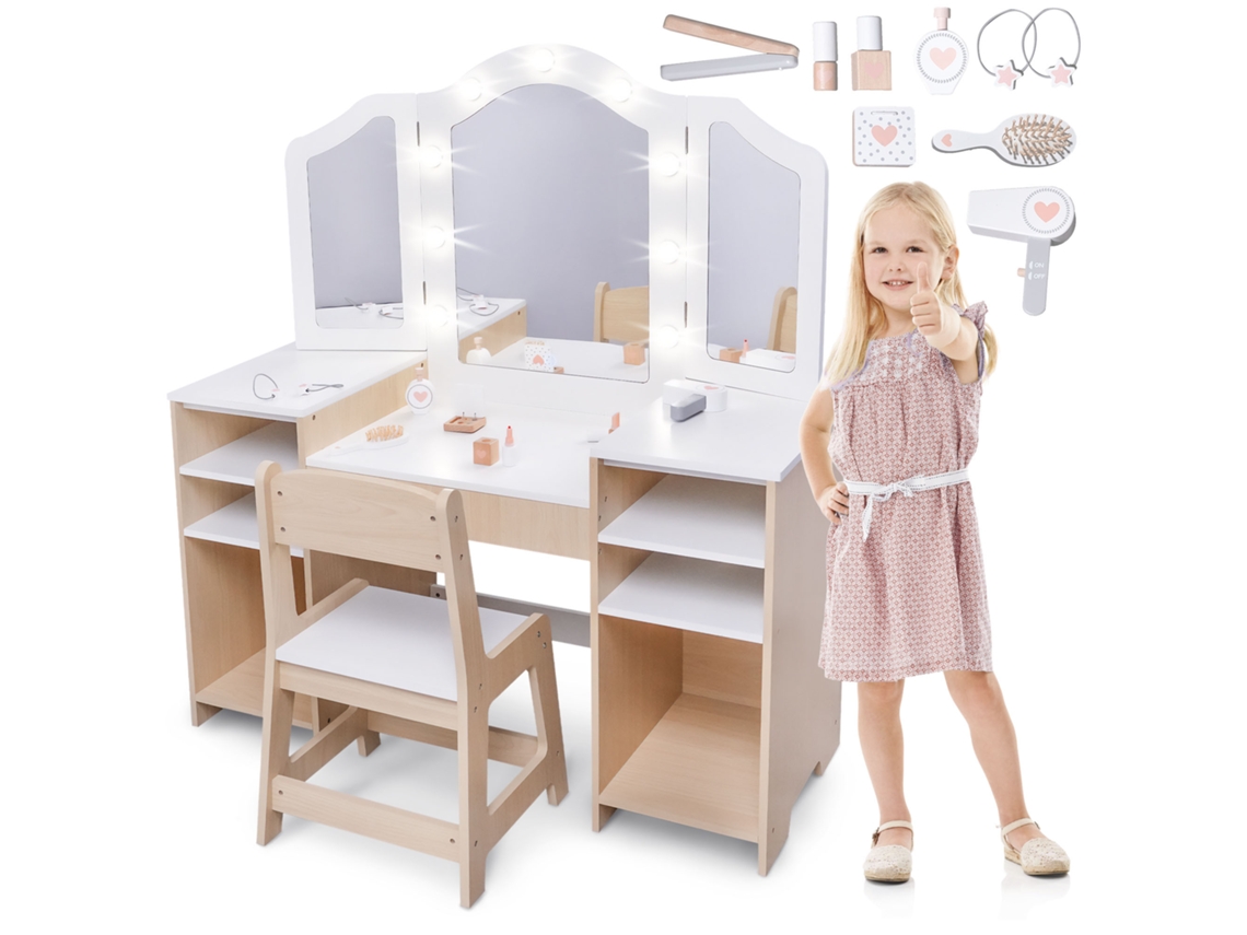 Tocador infantil de madera con silla, espejo grande, iluminación LED y accesorios: juguete creativo que también funciona como escritorio.