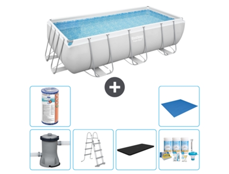 Piscina BESTWAY Rectangular Power Steel - 404 x 201 x 100 - Gris - Incluida bomba - Escalera Cubrir - Paquete de mantenimiento - Filtrar - Suelo