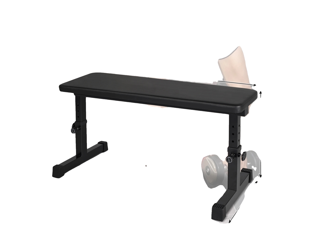 Banco de pesas plano, altura ajustable, cojín resistente, negro.