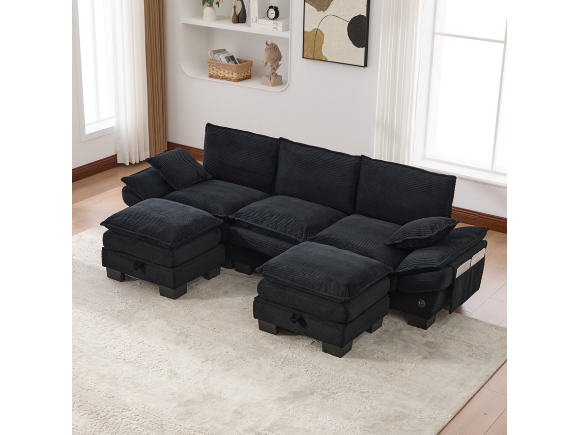 Sofá Modular 3 Plazas - Asiento Ancho, Diseño Ergonómico, Espuma De Alta Densidad, Puerto Usb-c Y Bolsillos Laterales - Negro