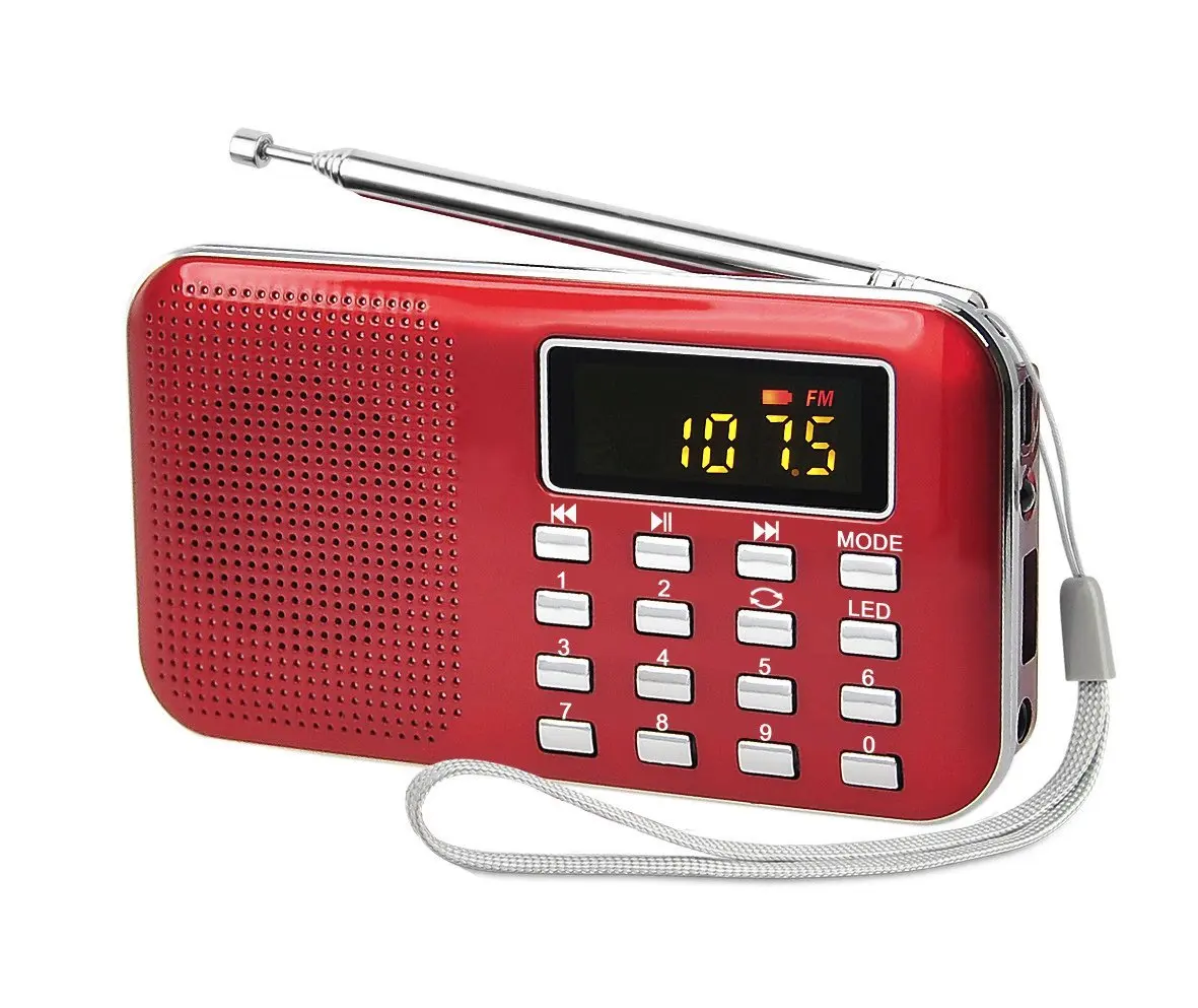 Altavoz (rojo) con radio FM, alta fidelidad, graves potentes, ranura para tarjeta TF, interfaz USB y otras funciones.