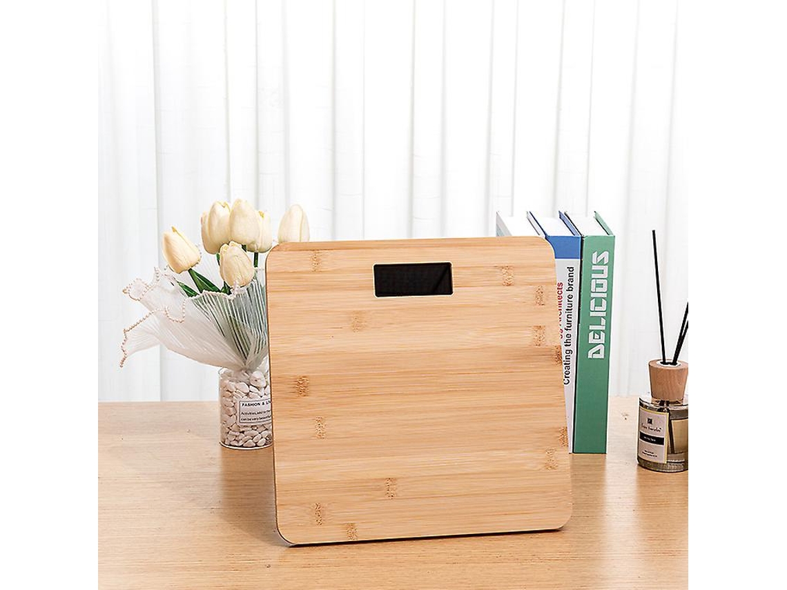 Balanza de baño de bambú con sensor automático, precisión de 100 g, superficie de 26 x 26 cm, carga máxima de 180 kg.