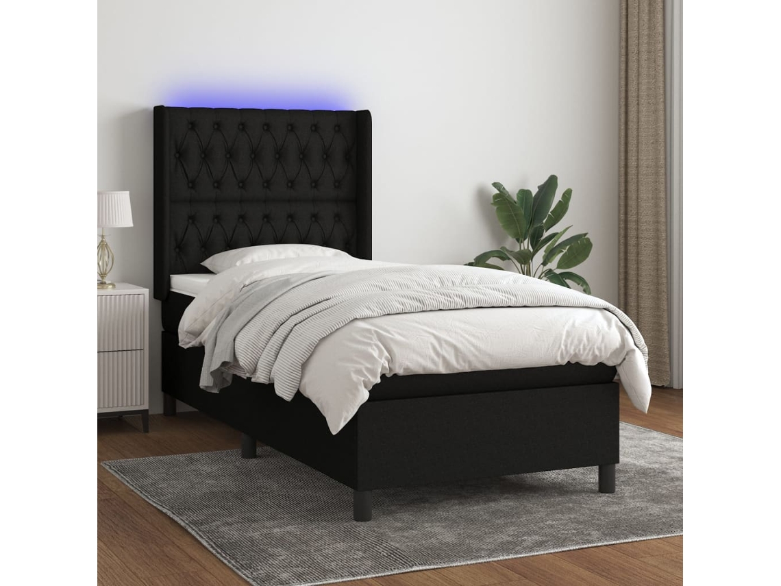 Cama Box Spring Colchón Y Luces Led Tela Negro 80x200 Cm