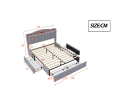 Cama de lino para adultos de 160 x 200 cm - Con puerto USB y 4 cajones - Estructura de láminas - Gris claro