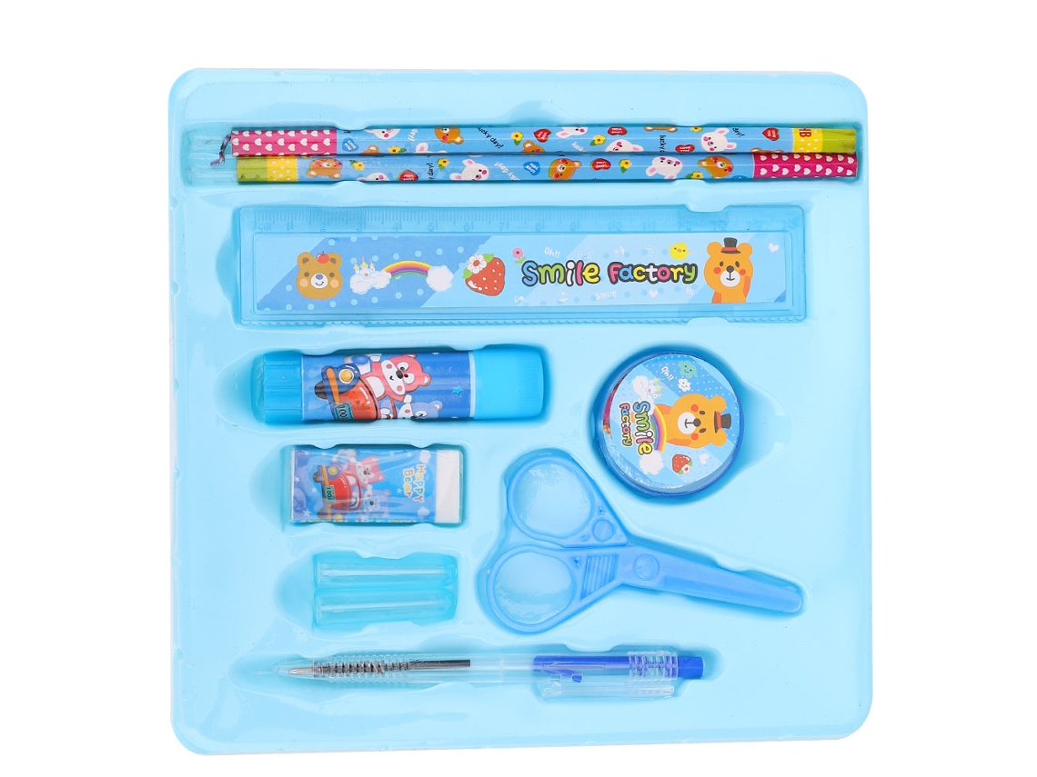 Bonito kit de papelería con dibujos animados, regalo para estudiantes, azul.