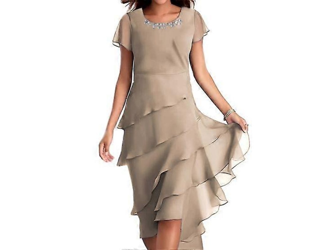 2026-vestido Elegante De Mujer Cuello Redondo Con Perlas Mangas Cortas Falda Capa Midi Para Fiesta Boda