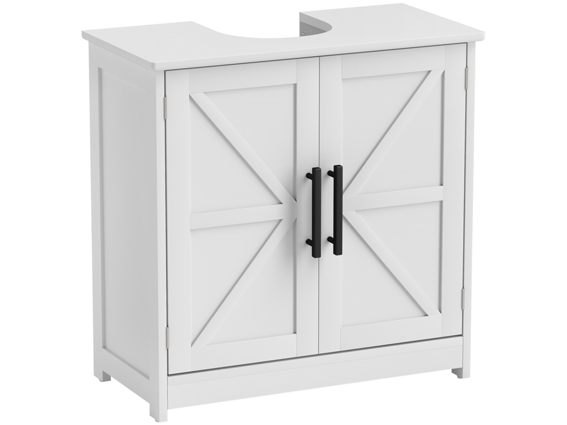 Mueble bajo lavabo, mueble de baño con 2 puertas magnéticas, estilo farmhouse, y estantes, 60 x 30 x 60 cm, color blanco.