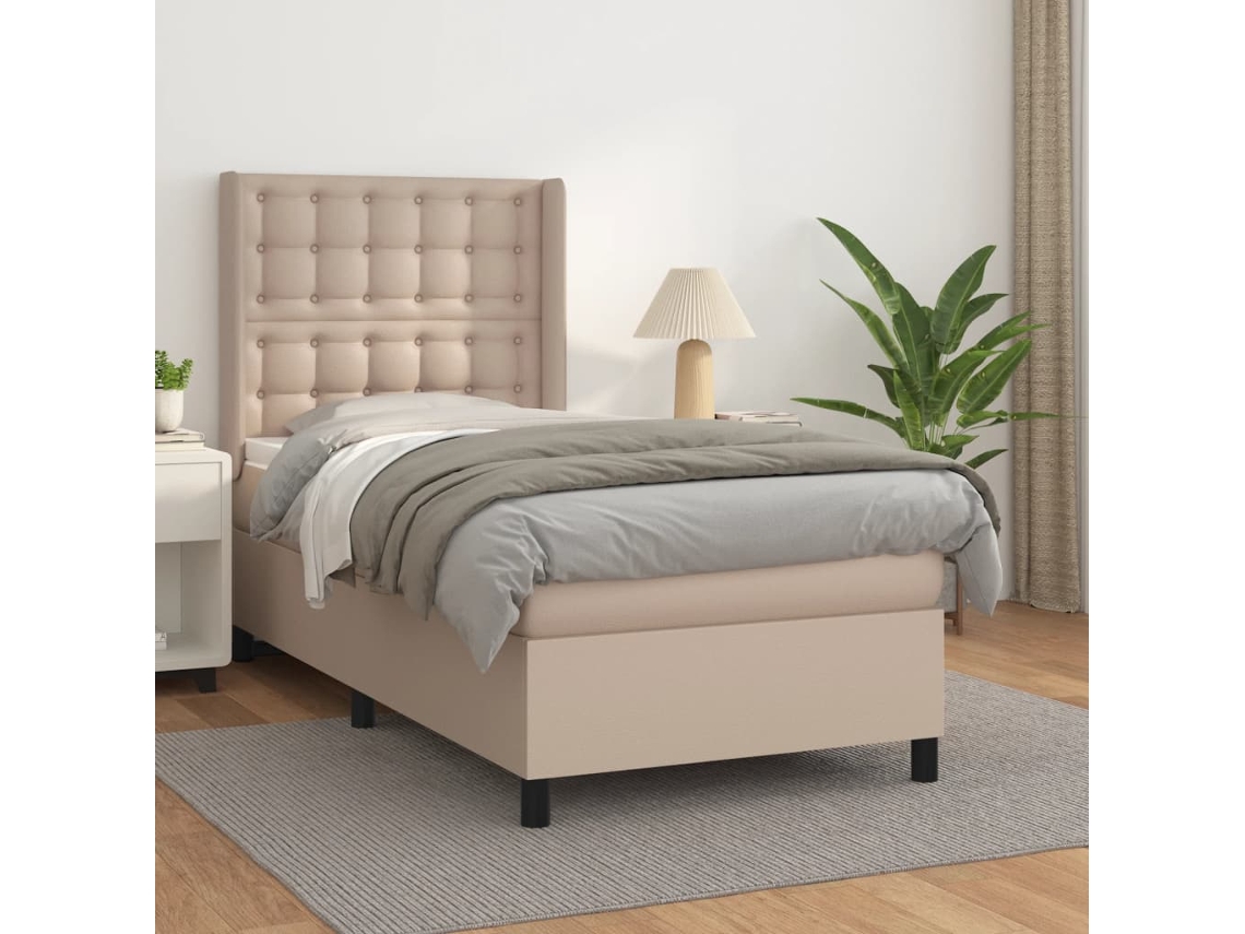 Cama Box Spring Con Colchón Cuero Sintético Capuchino 90x190 Cm