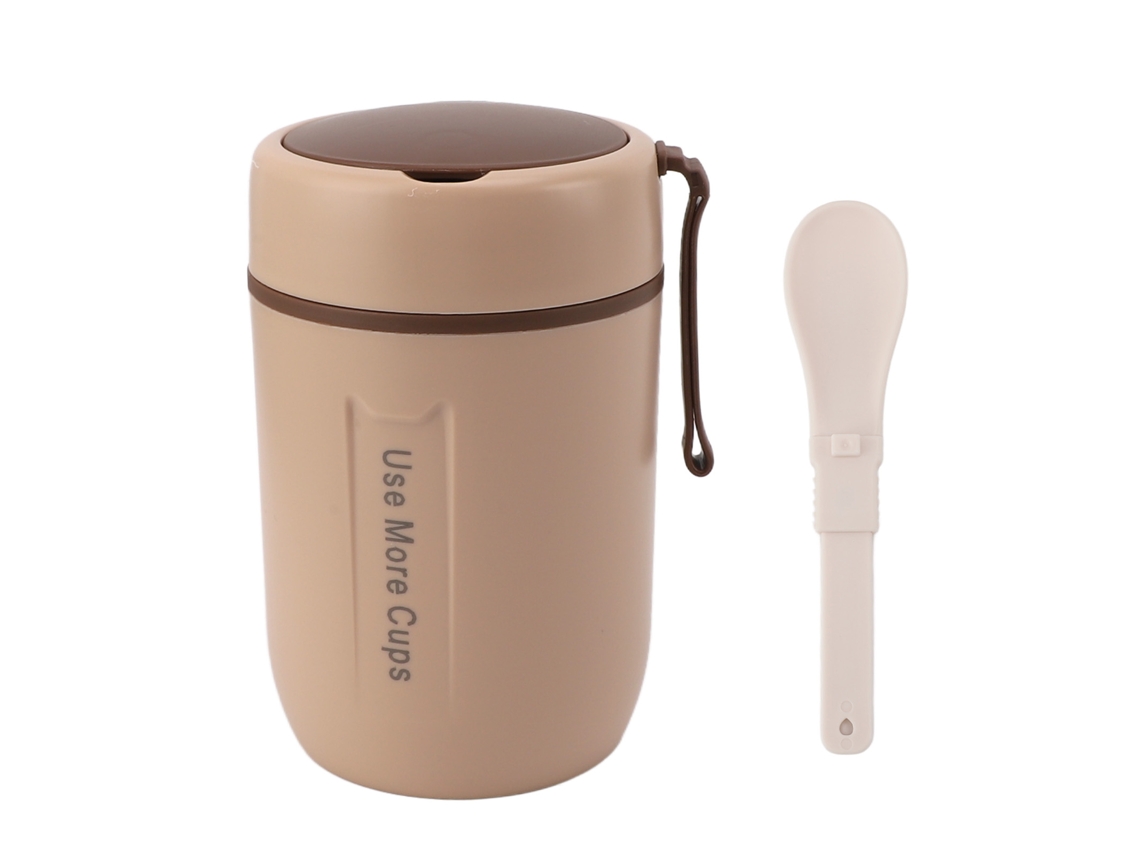 Taza Termica De Alimentos 600ml Acero Inoxidable 304 Hermetica Con Cuchara Tapa Segura Para Niños Beige